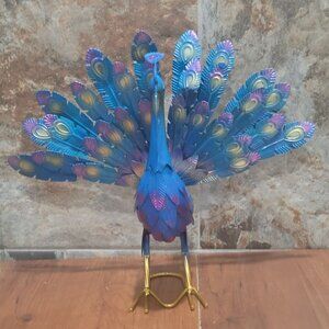 Metal Blue Peacock Bird Sculpture Outdoor Garden Decor Lawn Art